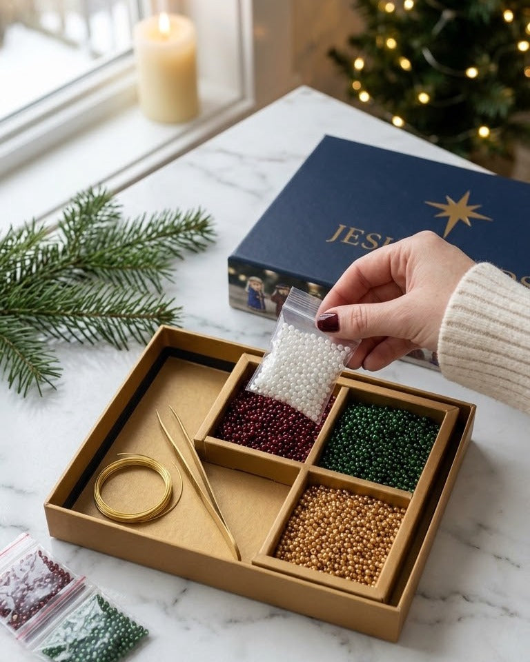 Glass seed beads sorted by colour in the wooden tray