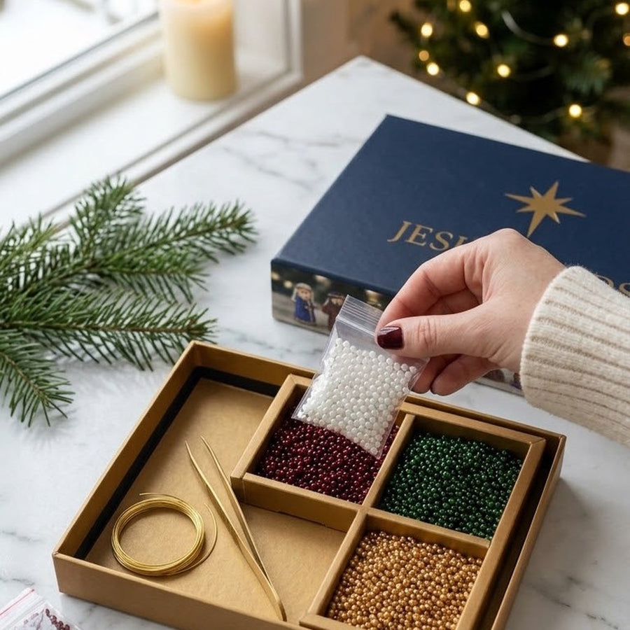 Tray of sorted seed beads from the Jesus Beads kit
