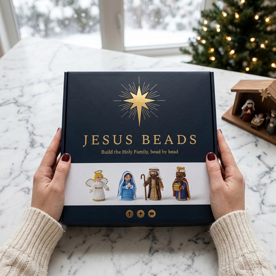 Jesus Beads kit box, navy with a gold Star of Bethlehem