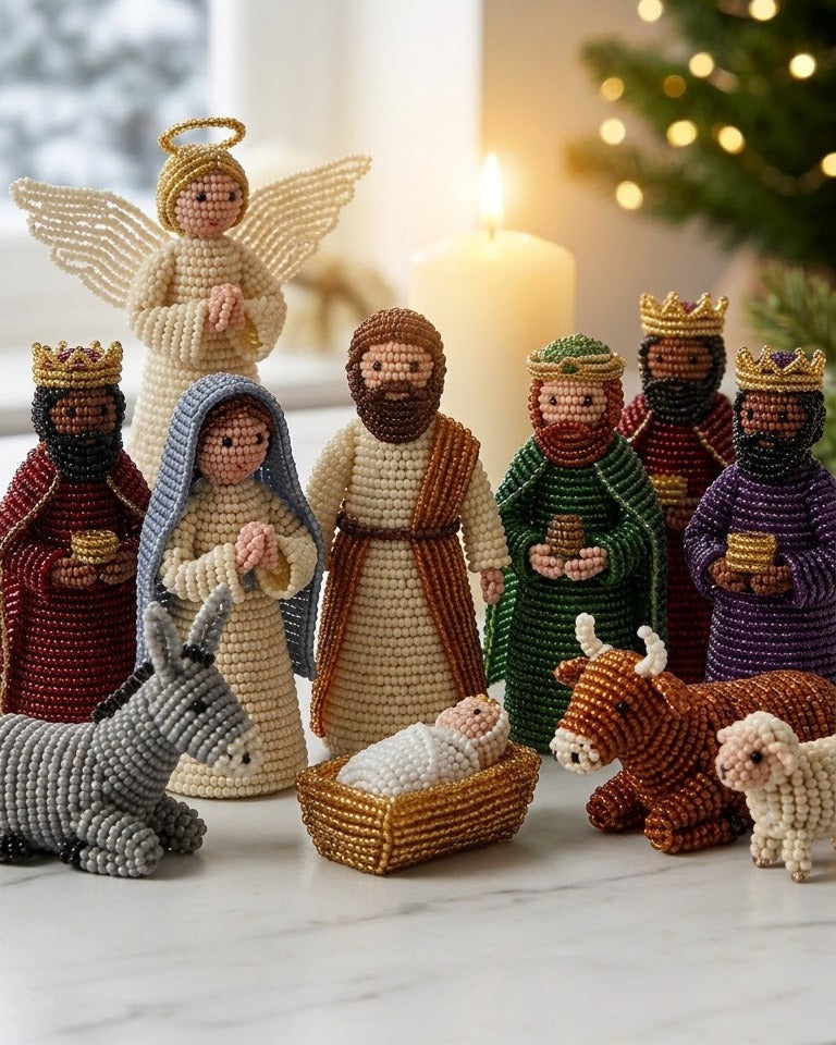 Close-up of the beaded angel, Mary, Joseph and wise men