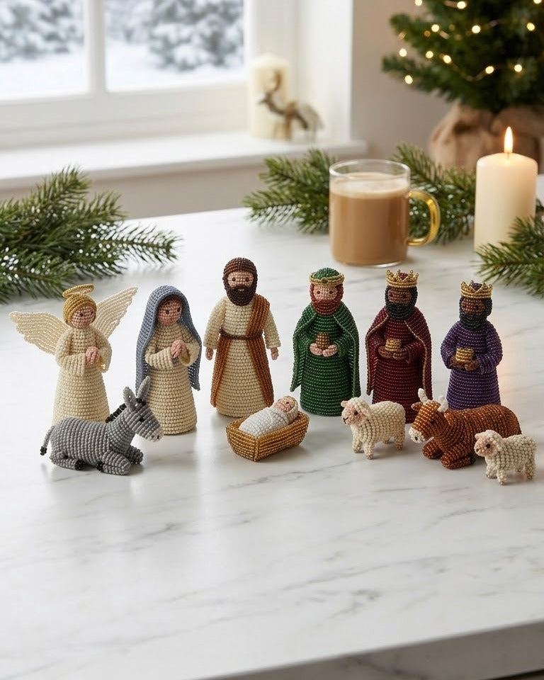 The whole nativity set lined up by a snowy window
