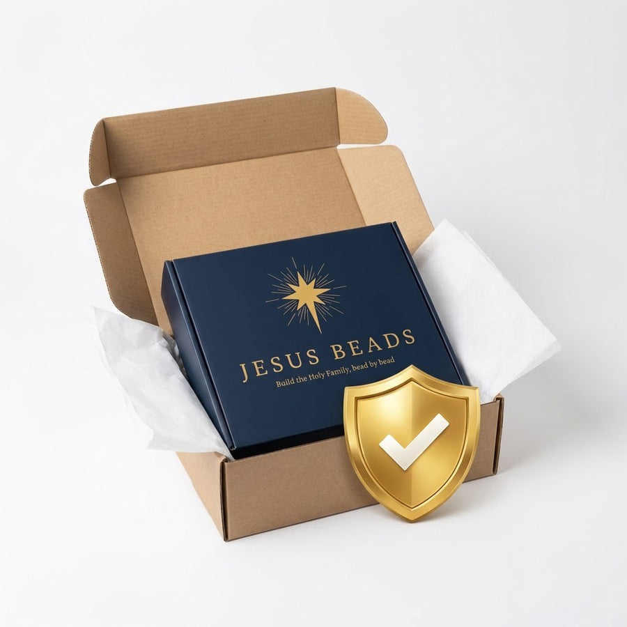 Jesus Beads kit box packed in a shipping carton with a gold shield badge